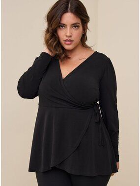 Torrid Top 5X Studio Knit Surplice Wrap Long Sleeve Black Contemporary NEW